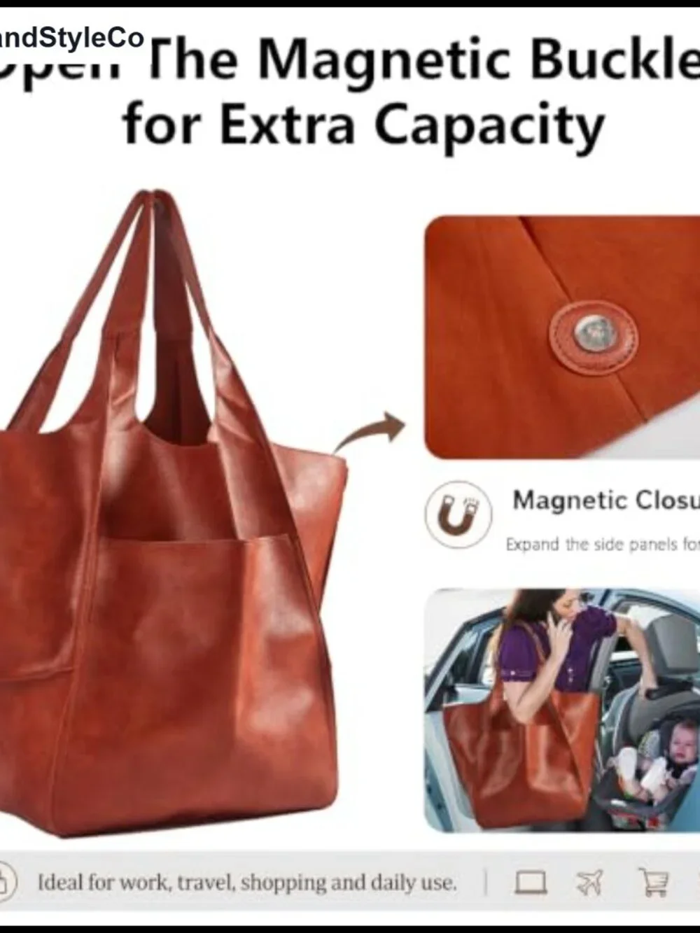 Oversized PU Leather Tote Bag Huge Capacity Work Hobo Handbag Soft Travel